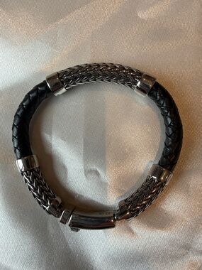 Macy's Black Braided Leather Bracelet with Silver-Tone Accents